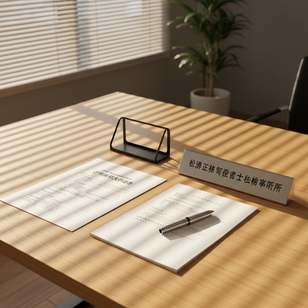 A clean wooden office desk in a modern administrative law office in Aichi, topped with a neatly stacked 古物商許可申請書 (antique dealer license application), a black metal business card holder, and a silver fountain pen resting diagonally across the top page. Beside the documents, a simple desk nameplate engraved with 松浦正樹行政書士法務事務所 stands prominently. Warm afternoon sunlight streams through venetian blinds, creating linear patterns of light and shadow across the desk surface. Shot from a slightly elevated angle in photographic realism, the composition uses the rule of thirds to highlight the application form, evoking a mood of clarity, precision, and dependable administrative support for obtaining 古物商許可 quickly and correctly.