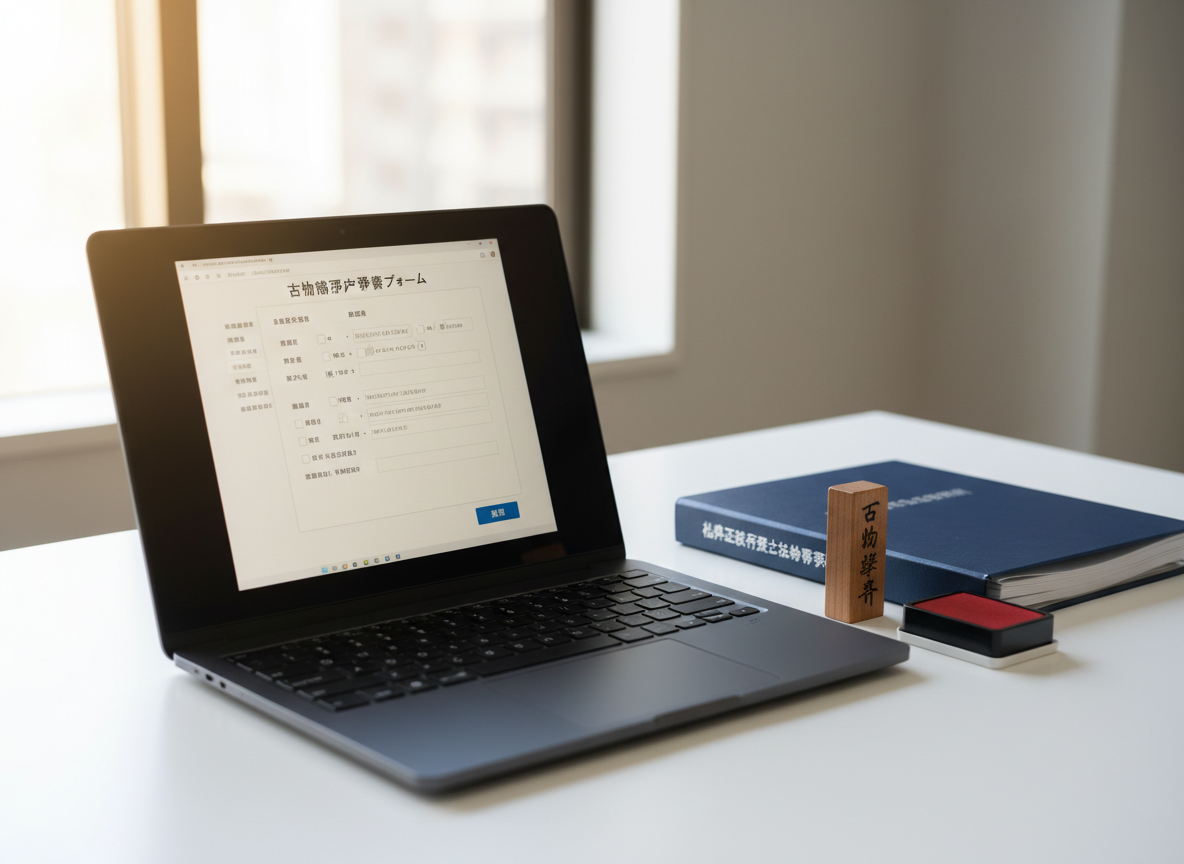 A minimalist, photographic realism scene showing a sleek black laptop on a tidy white desk, its screen displaying a partially filled digital 古物商許可申請フォーム interface in Japanese. Beside the laptop rests a slim, navy-blue legal binder embossed in silver with 松浦正樹行政書士法務事務所, along with a small wooden stamp and a vermilion ink pad, both pristine and unused. Soft morning light from a nearby window reflects gently off the laptop’s screen and the ink pad’s lid, creating subtle highlights. Shot at eye level with a shallow depth of field, the focus remains on the application form and legal binder, conveying a modern, efficient, and approachable atmosphere for online and remote support with 古物商許可 procedures.