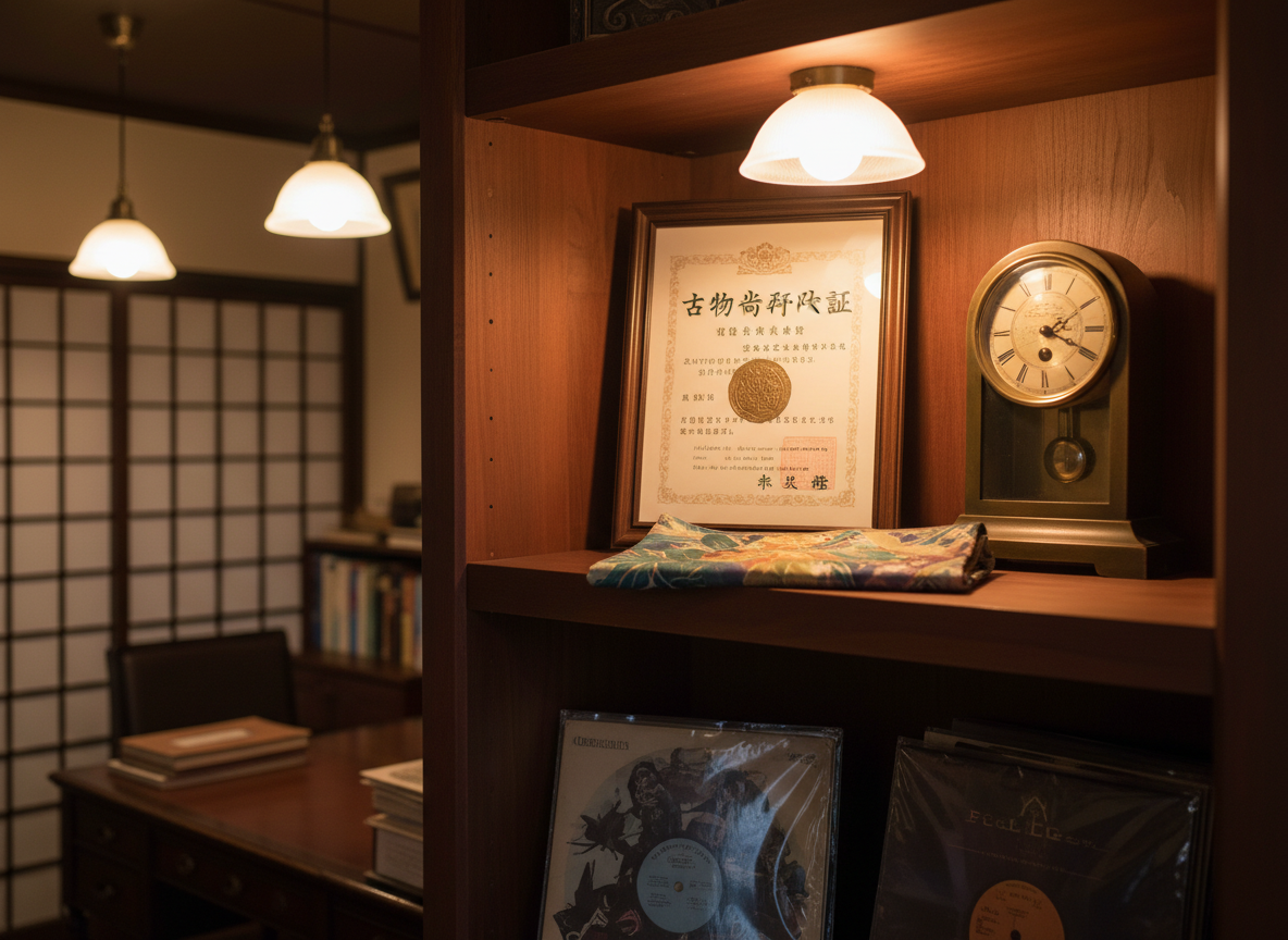 A warmly lit display shelf in a small, traditional-style office in Ichinomiya, featuring a tasteful arrangement of legally traded antiques: an ornate brass clock, a gently faded kimono fabric folded with care, and a set of old vinyl records in protective sleeves. On the top shelf, a framed 古物商許可証 with an embossed seal stands prominently, its text crisp and legible. Ambient warm pendant lighting from above creates soft highlights along the brass and glass surfaces, enhancing a secure, trustworthy mood. Captured at a slight side angle in photographic realism, the composition uses shallow depth of field to keep the license and select items in focus, symbolizing safe, legal, and properly authorized antique dealing under expert administrative guidance.