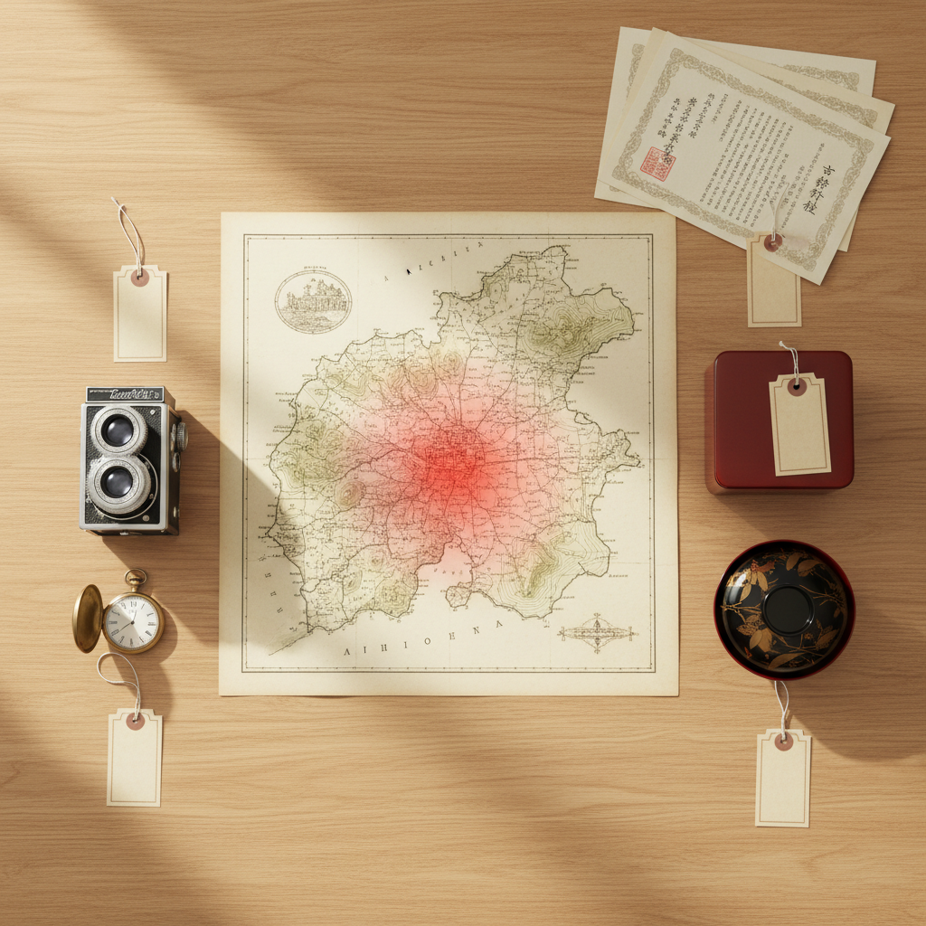 An overhead photographic view of a detailed map of Aichi Prefecture laid out on a light oak table, with Ichinomiya City highlighted in soft red. Around the map lie carefully arranged antique items such as a vintage camera, an old pocket watch, and traditional Japanese lacquerware, each tagged with small blank labels suggesting inventory for 古物商. In the top corner, a stamped 古物商許可証 lies partially visible, implying official approval. Soft, natural daylight from a nearby window illuminates the scene evenly, creating a calm, professional atmosphere. The composition is tidy and minimalist, emphasizing geography, locality, and the idea that support for 古物商許可 is available specifically in Aichi and Ichinomiya.