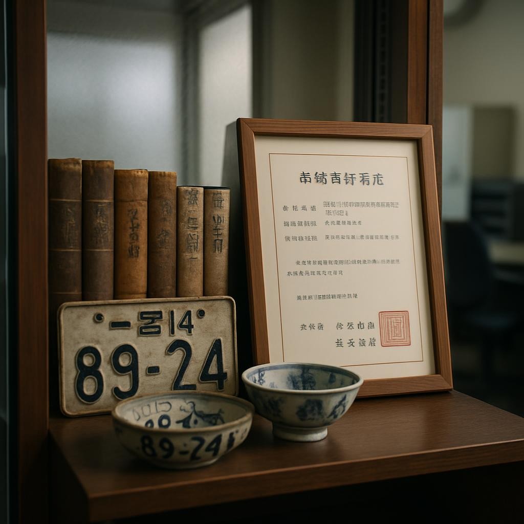 A neatly arranged set of antique Japanese books and traditional ceramics displayed in a glass showcase inside a small, well-organized office in Ichinomiya, Aichi. The worn leather-bound volumes, aged license plates, and delicate porcelain bowls rest on a dark wood shelf beside a crisp, framed 古物商許可証 (antique dealer license) with official red seals clearly visible. Soft, diffused daylight enters through a frosted window, casting gentle shadows and a calm, trustworthy atmosphere. Photographic realism at eye level, with a shallow depth of field that keeps the license and objects sharply in focus while the rest of the office fades into a subtle bokeh, conveying reliability, legality, and professional support for obtaining 古物商許可.