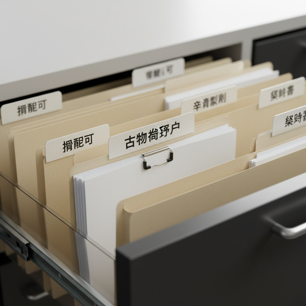 A close-up, photographic realism shot of an organized filing drawer in a modern legal office, filled with neatly labeled kraft folders. One central tab, marked clearly with 古物商許可 in bold black characters, is pulled slightly forward, revealing pristine, clipped forms inside. Adjacent folders read 許認可, 申請書類, and 契約書, suggesting comprehensive administrative support. Cool, diffused overhead lighting creates even illumination with gentle, soft-edged shadows, reinforcing a mood of reliability and meticulous care. Shot at a slight diagonal angle with moderate depth of field, the 古物商許可 folder is in sharp focus while surrounding folders blur subtly, drawing the eye to the core service of precise and speedy antique dealer license acquisition.