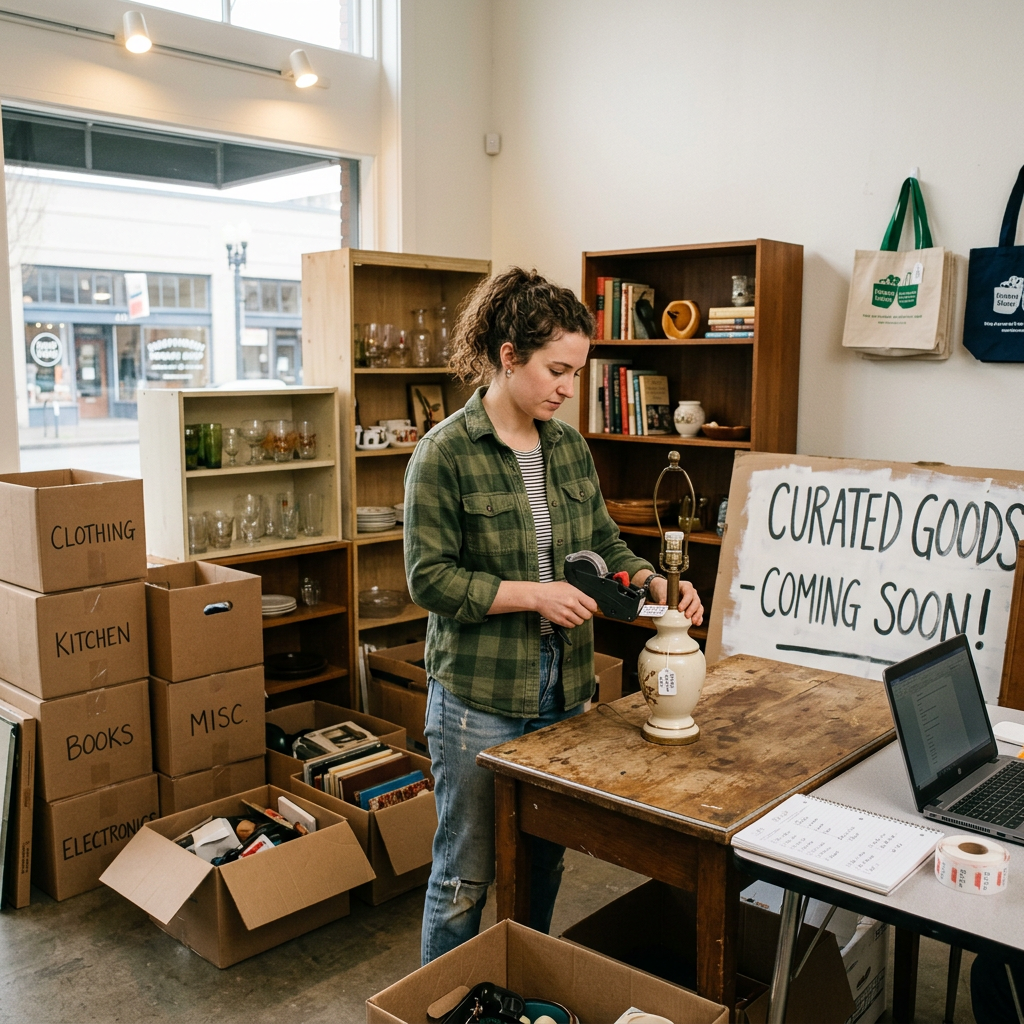 Woman placing a price tag on a ceramic lamp in a shop with labeled boxes and shelves