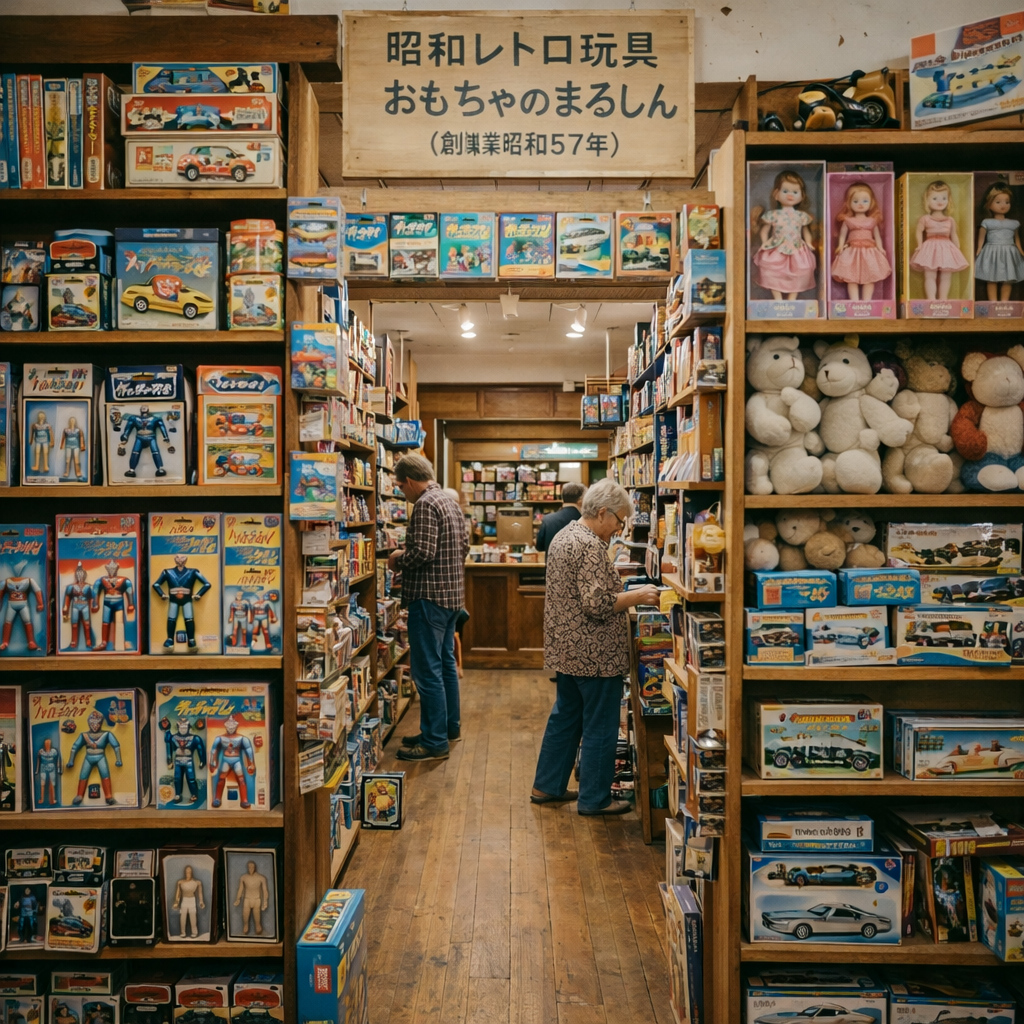 Interior of a Japanese vintage toy store with shelves of retro toys and three customers browsing