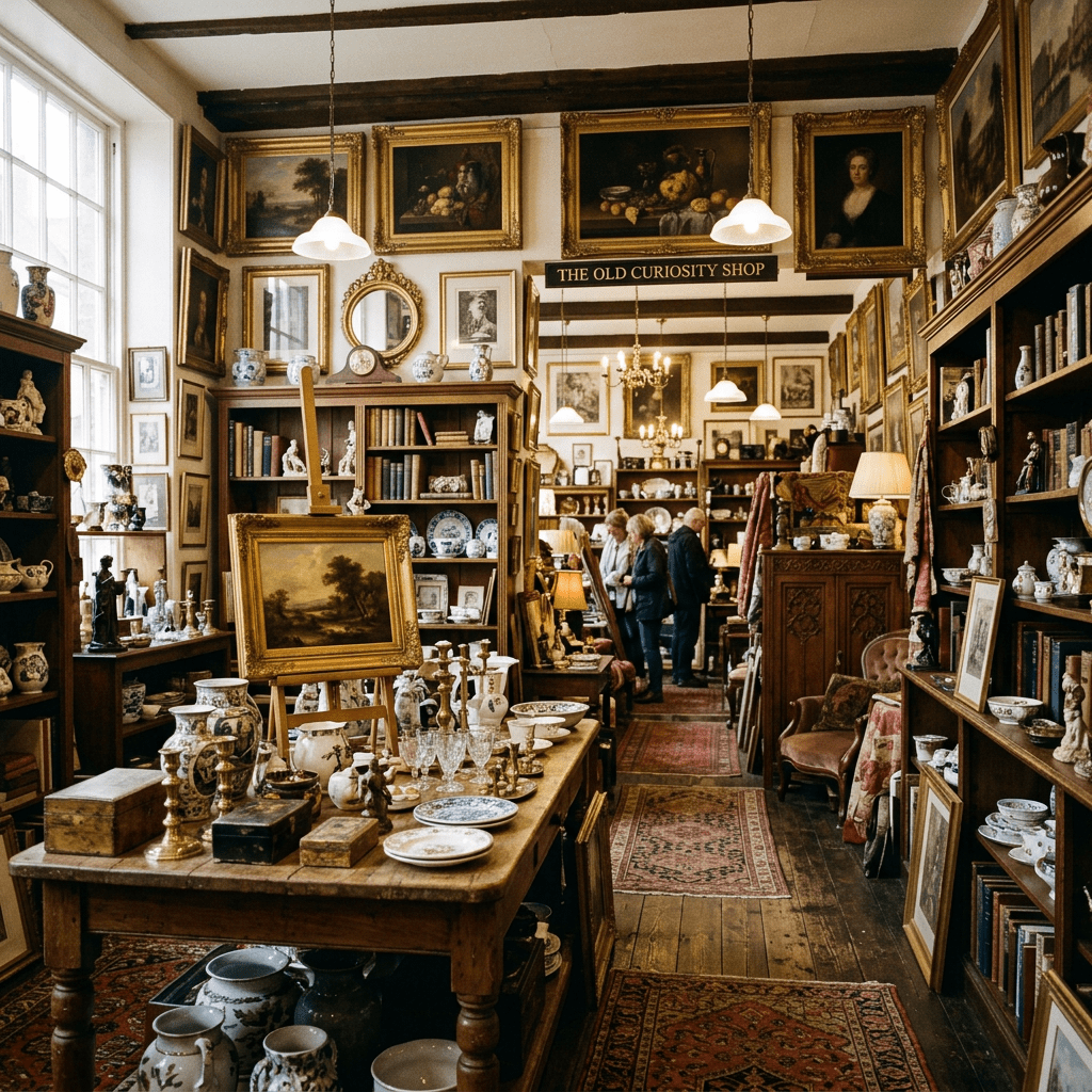 Interior of an antique shop filled with vintage paintings, ceramics, books, and decorative items