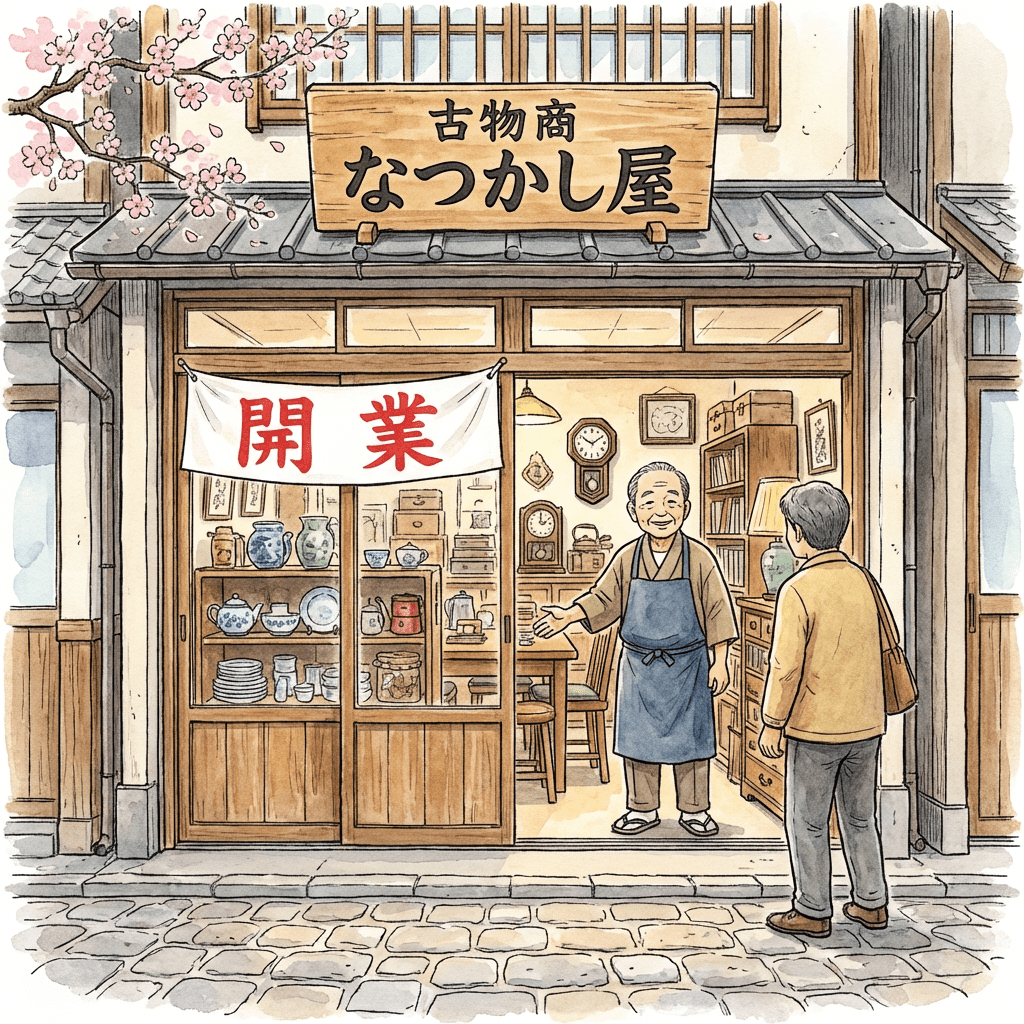 Japanese antique shop sign reads '古物商 なつかし屋' and banner reads '開業' with shopkeeper.
