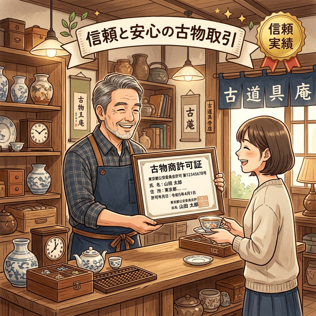 Shop owner presenting antique business license to customer in cozy antique shop