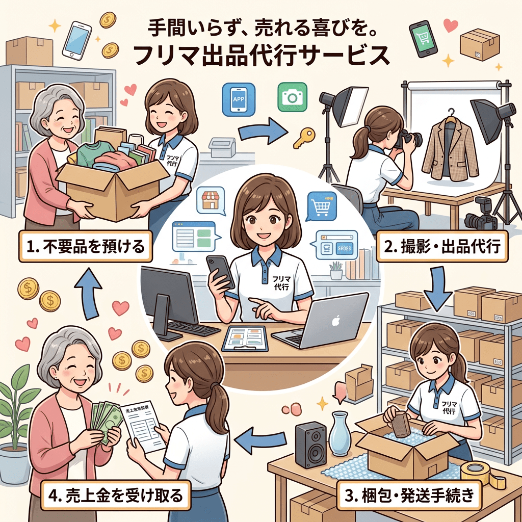 フリマ出品代行サービスの4ステップ：不用品預ける、撮影・出品代行、梱包・発送手続き、売上金受け取り