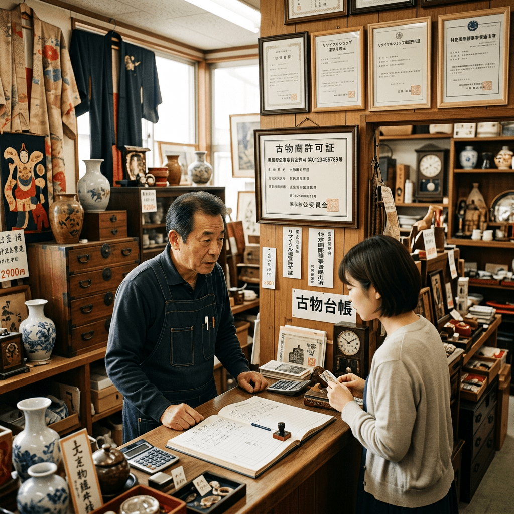 Shopkeeper and customer talking over antiques in Japanese shop