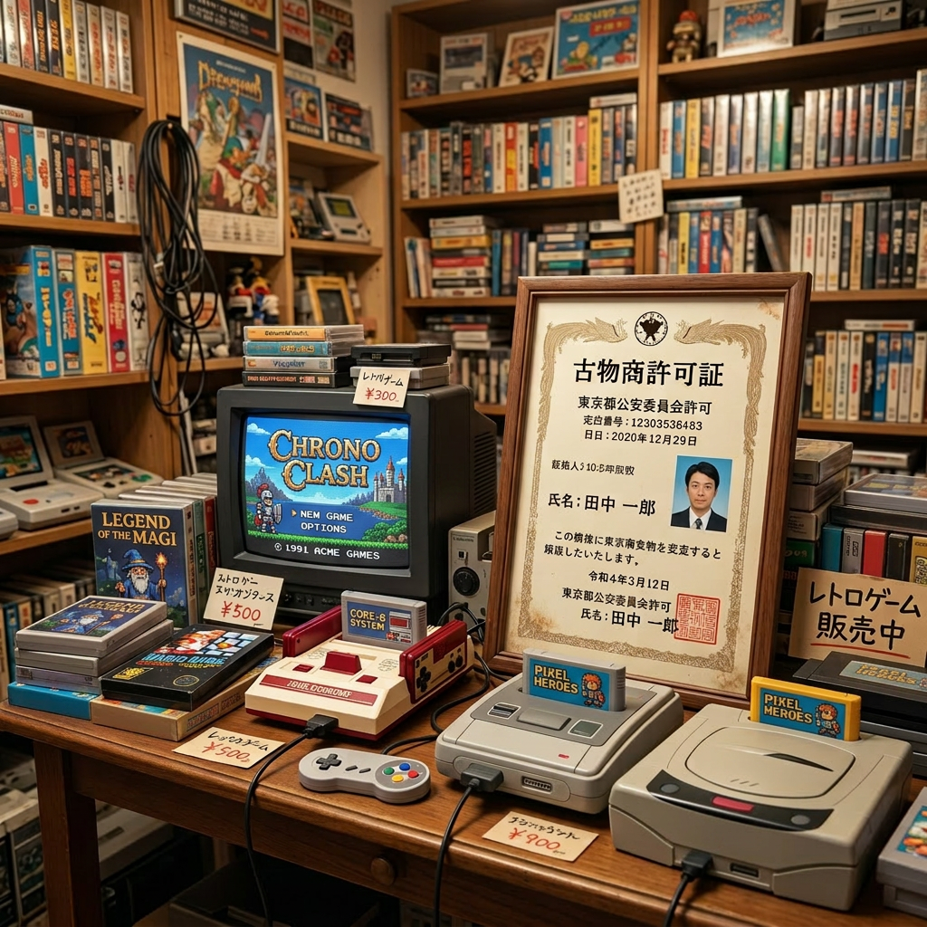 Retro video game consoles, cartridges, and framed permit in a vintage game shop