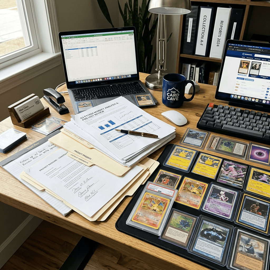 Desk with collectible cards, business reports, laptops, and office supplies