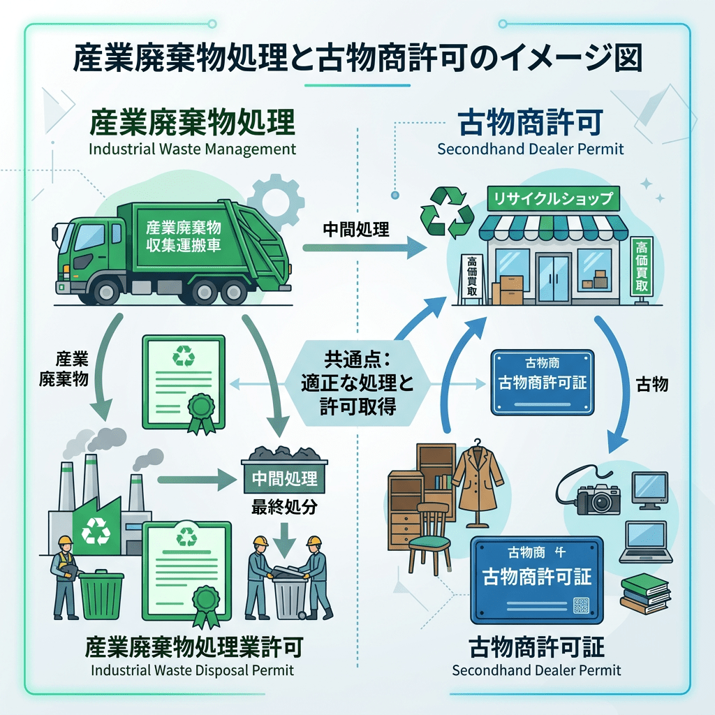 Flowchart of industrial waste management and secondhand dealer permits with trucks, recycling symbols, permits, and secondhand shop.