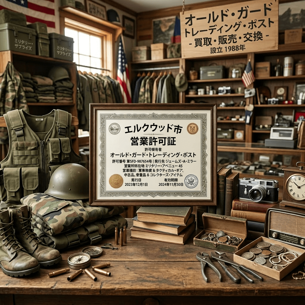 Business license displayed on a table with military gear, antiques, and collectibles in a trading post