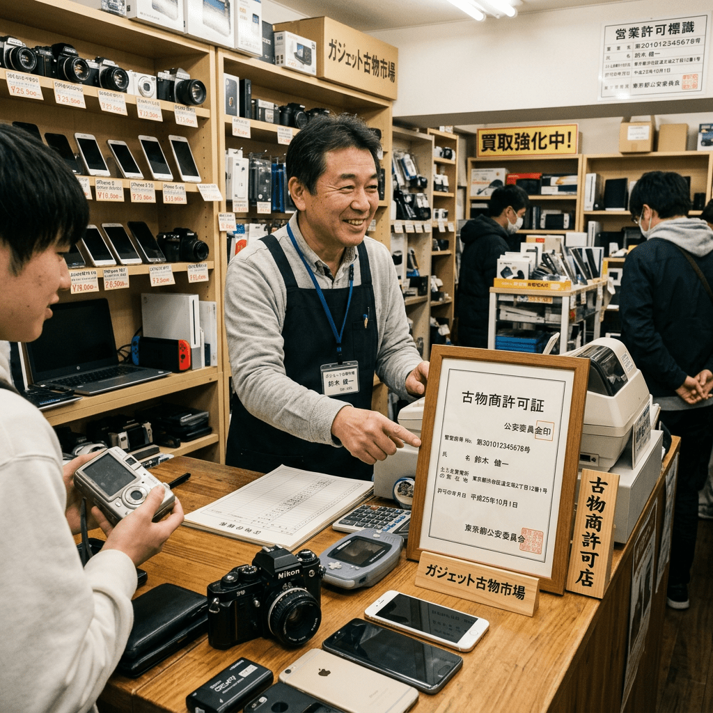 Shopkeeper smiling and pointing to framed license in an electronics resale shop
