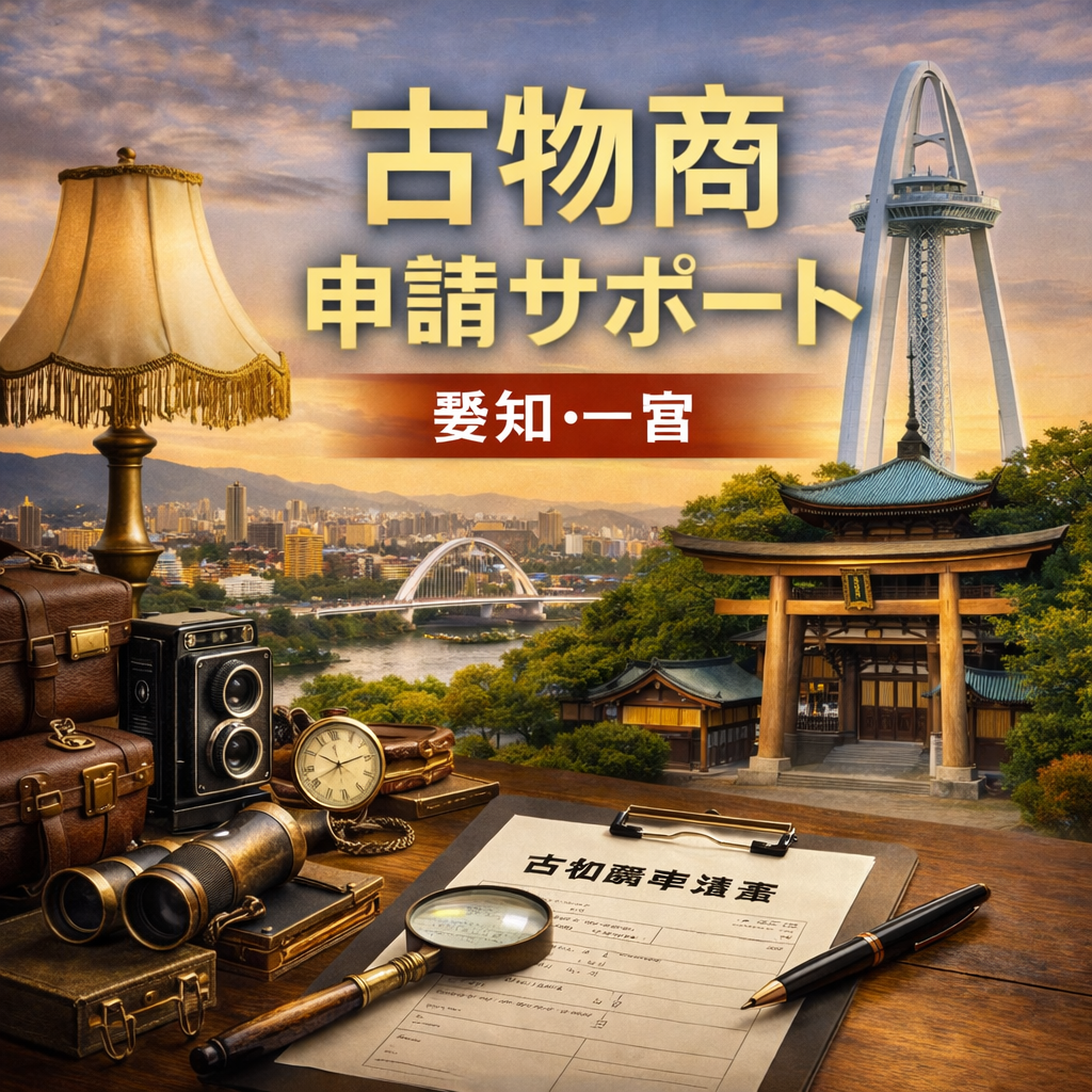 Desk with antique items and Japanese shrine with cityscape background