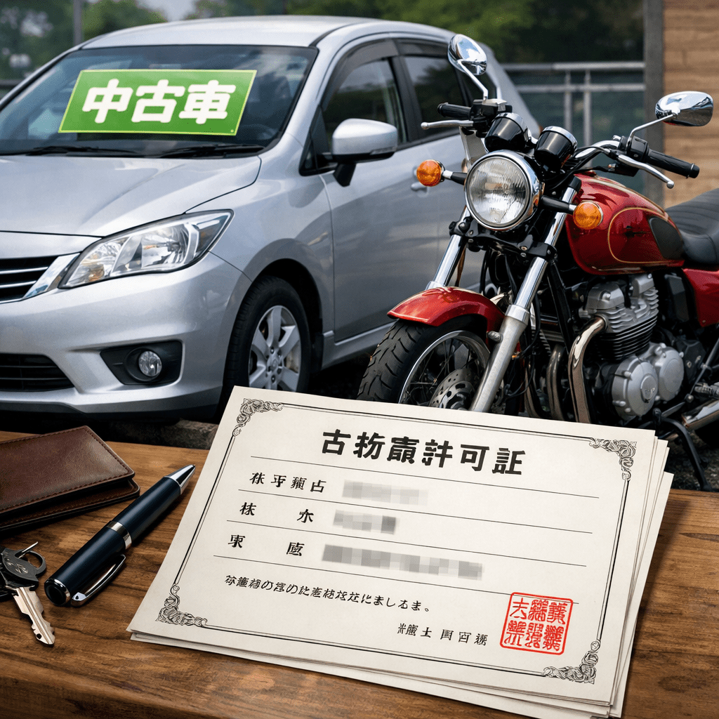 Ownership certificate on a table with silver car and red motorcycle in background