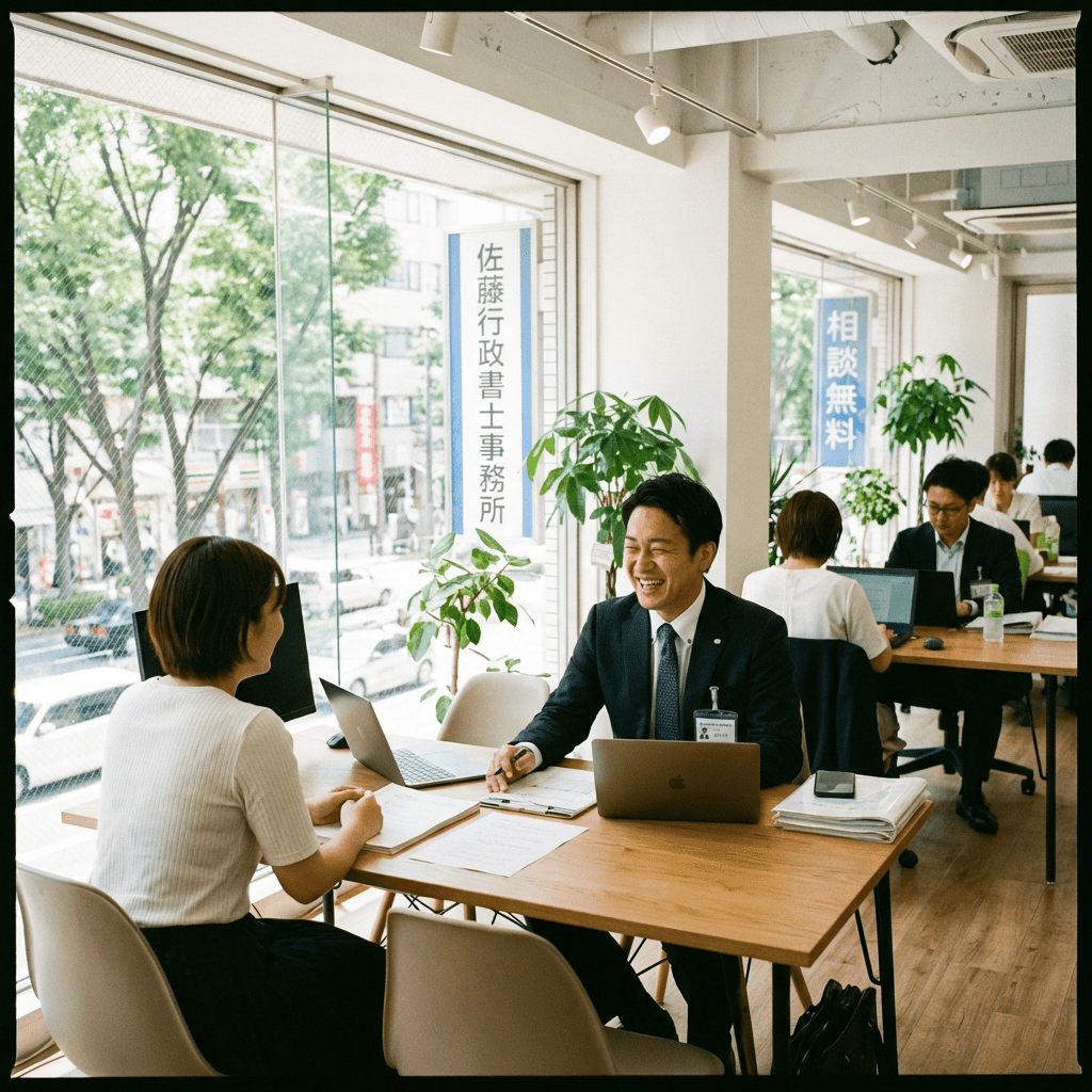 A professional in a suit laughs during a client meeting in a sunlit office.