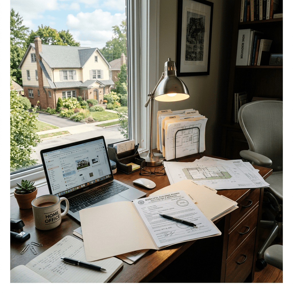 Home office desk with architectural blueprints, laptop, file folders, and office supplies by a window.