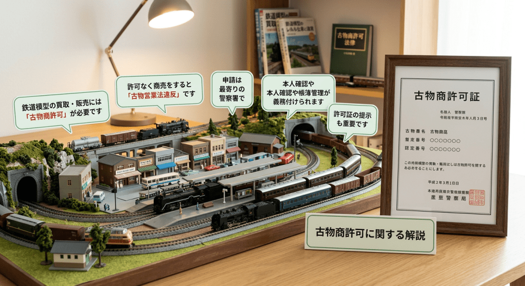 Model train layout with Japanese text bubbles explaining antique dealer license rules and framed license certificate