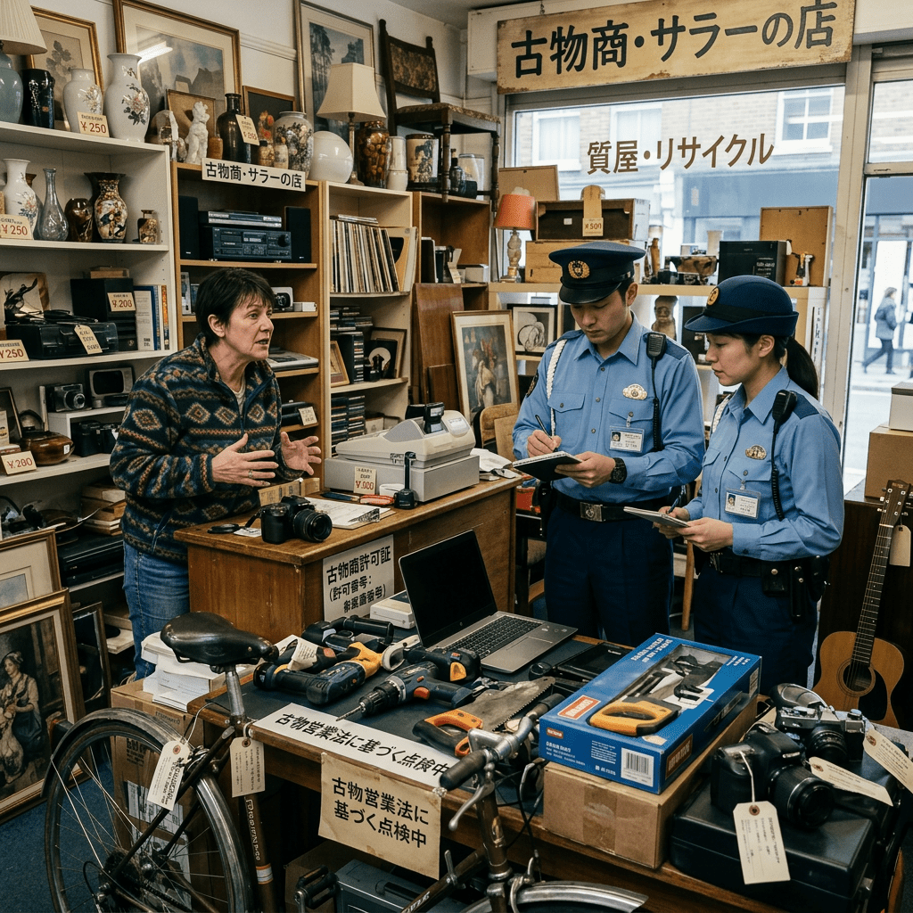 Two police officers talking to shop owner inside secondhand goods shop filled with various items