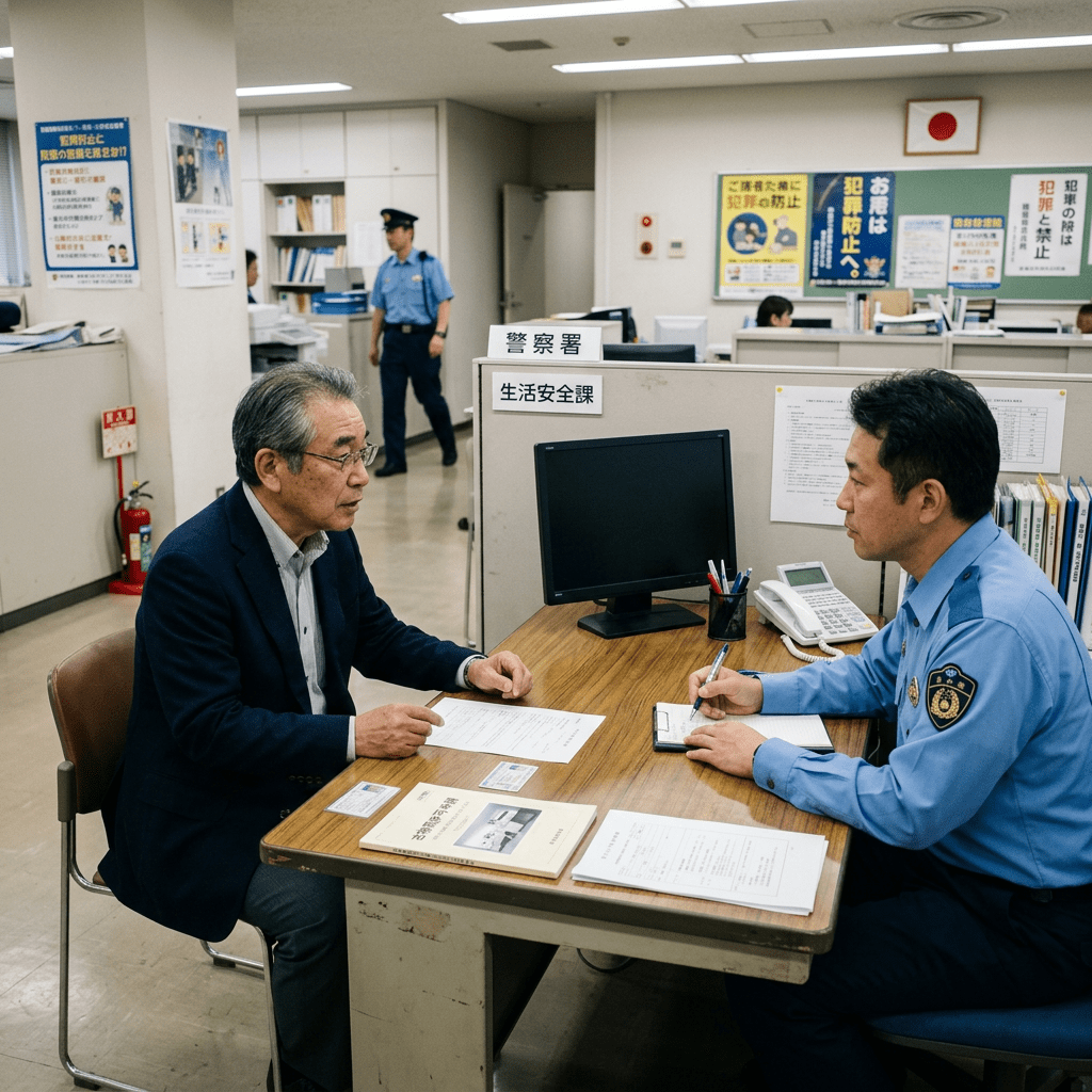 Older man talking to police officer across desk in Japanese police station office
