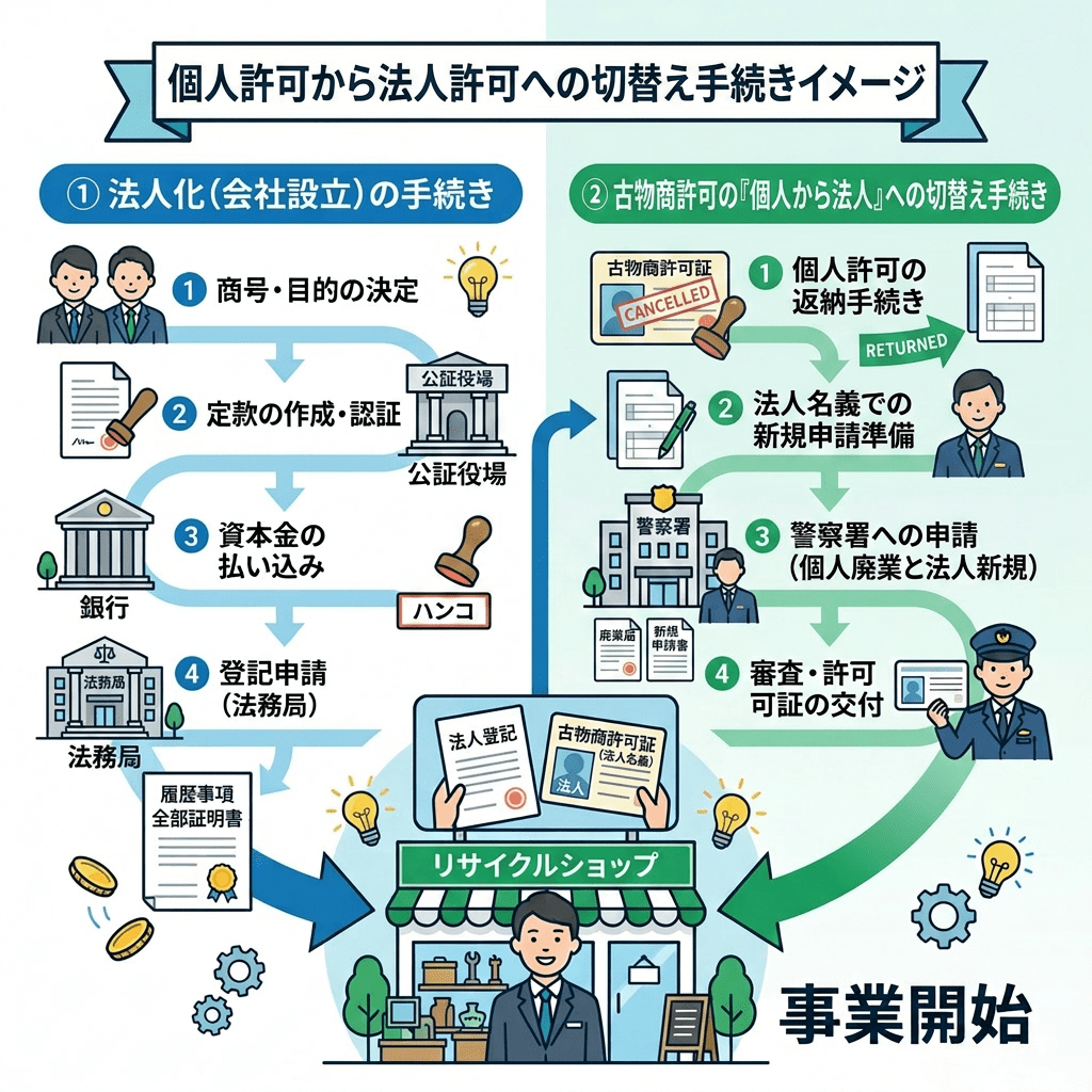 Flowchart of procedures for establishing a corporation and obtaining a secondhand dealer permit with icons and stepwise instructions in Japanese