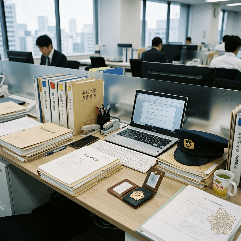 A police office desk with investigation folders, a police cap, badge, laptop, and documents