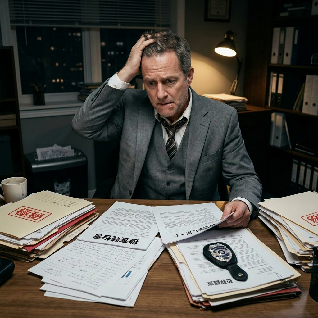 Detective in suit reviewing investigation reports at desk with police badge