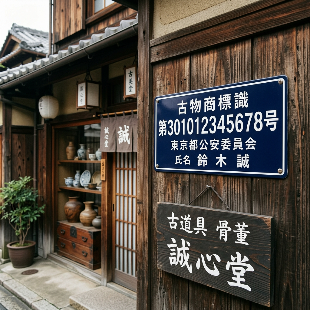 Exterior of a traditional Japanese antique shop with wooden signs and pottery