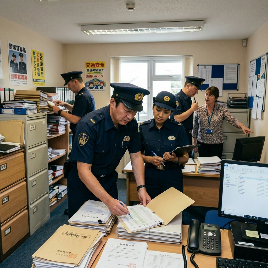 Police officers reviewing and organizing documents with an administrator in an office filled with files and paperwork