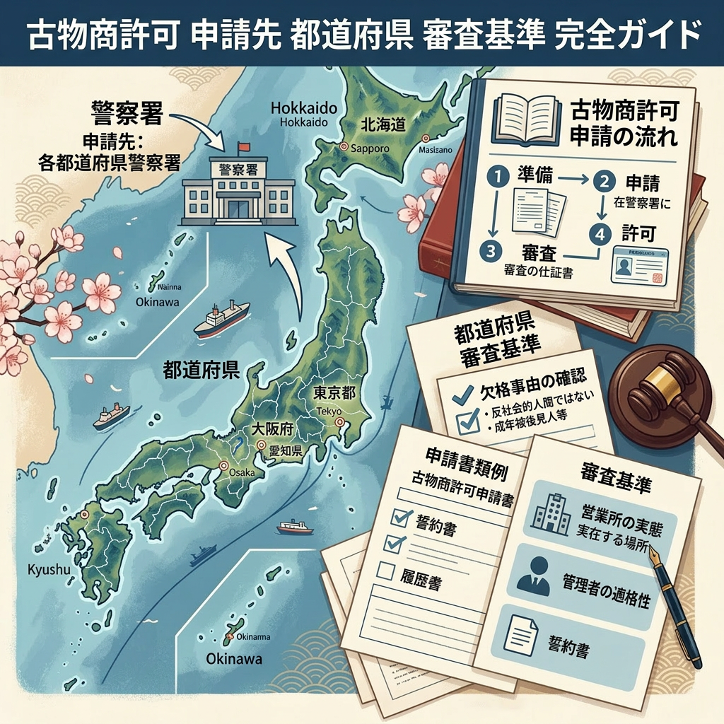Map of Japan with antique dealer license application steps, criteria, and required documents