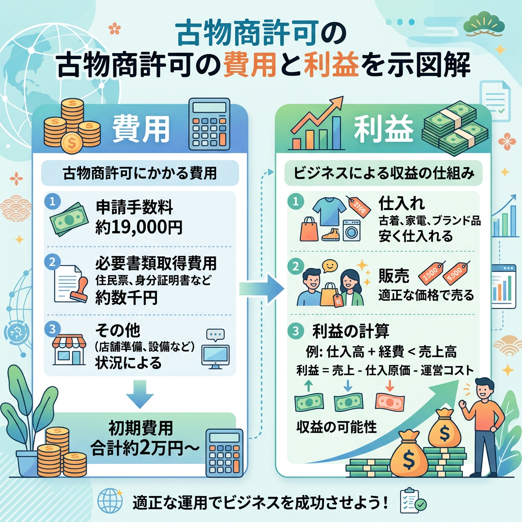 Infographic detailing expenses and profits of secondhand dealer licensing in Japan
