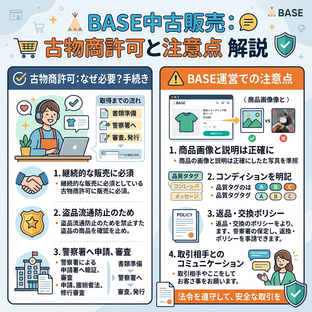 BASE中古販売における古物商許可の必要性と取得手続き、運営上の注意点を説明する図