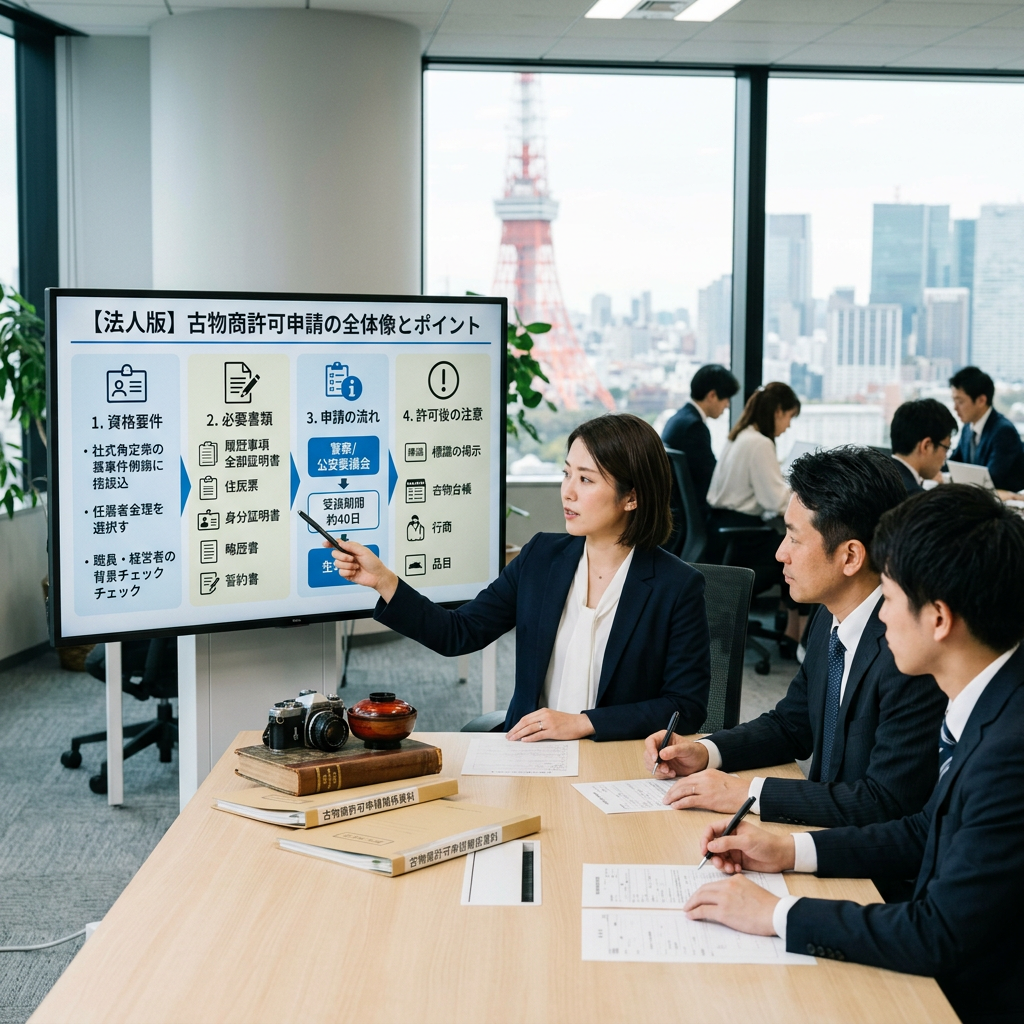 Businesswoman presenting antique trade permit application steps to male colleagues in office
