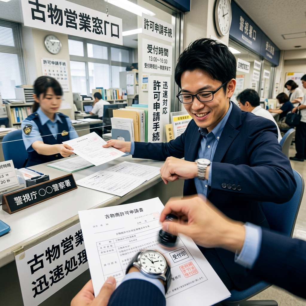 Man handing permit application documents to a uniformed officer at a government permit counter