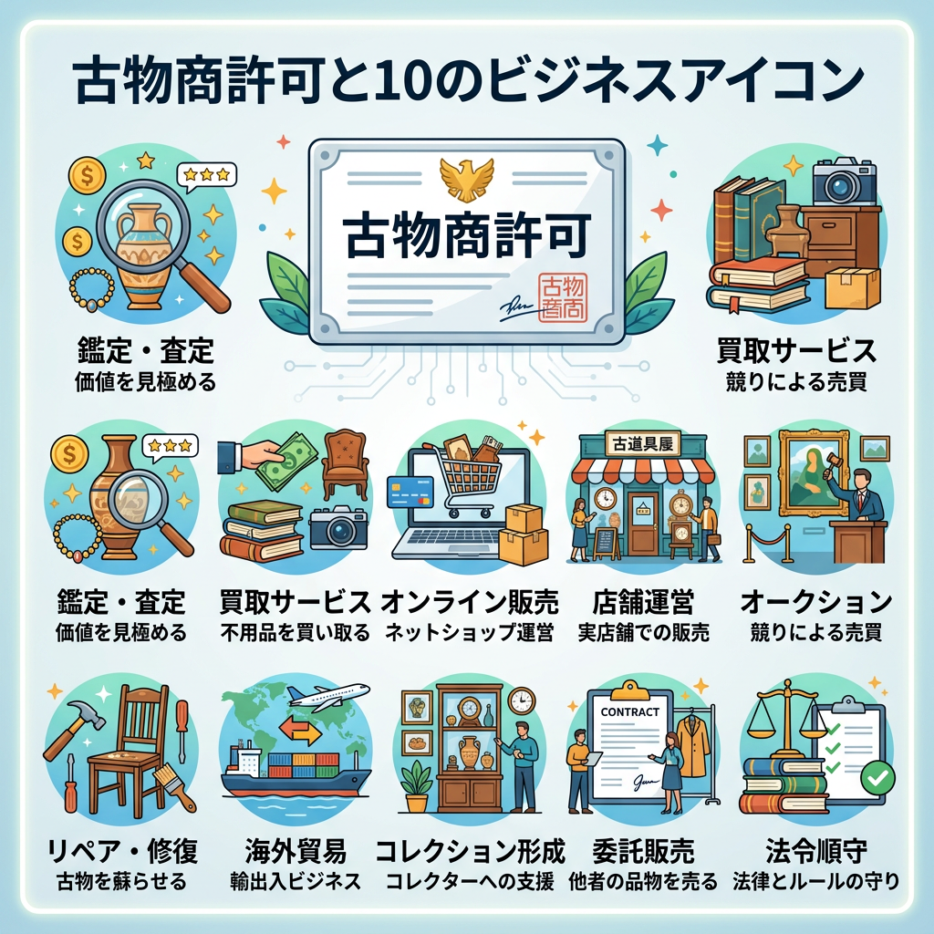 Antique business license with icons for appraisal, purchase service, online sales, store operation, auction, repair, overseas trade, collection support, consignment sales, and legal compliance