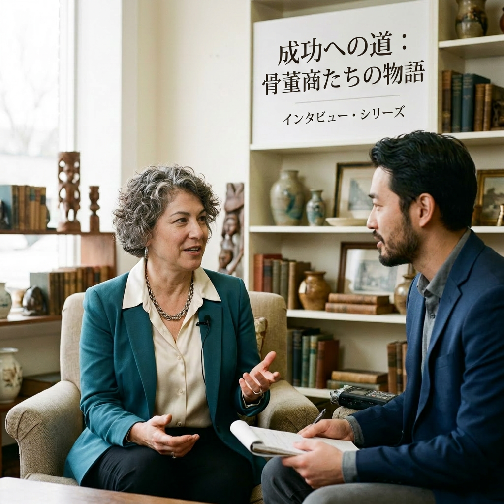 Woman in teal blazer discussing antiques with interviewer in cozy room