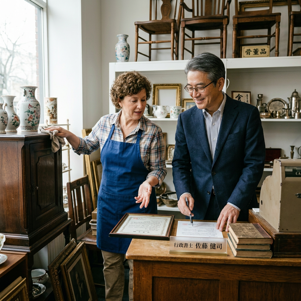 Two antique shop owners reviewing certificates behind counter with vintage items
