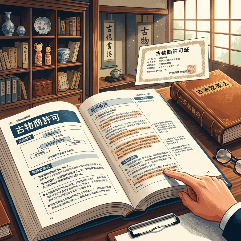 Open book on antique trade licensing with a finger pointing, license certificate, old books, and wooden shelves with artifacts in a traditional Japanese room