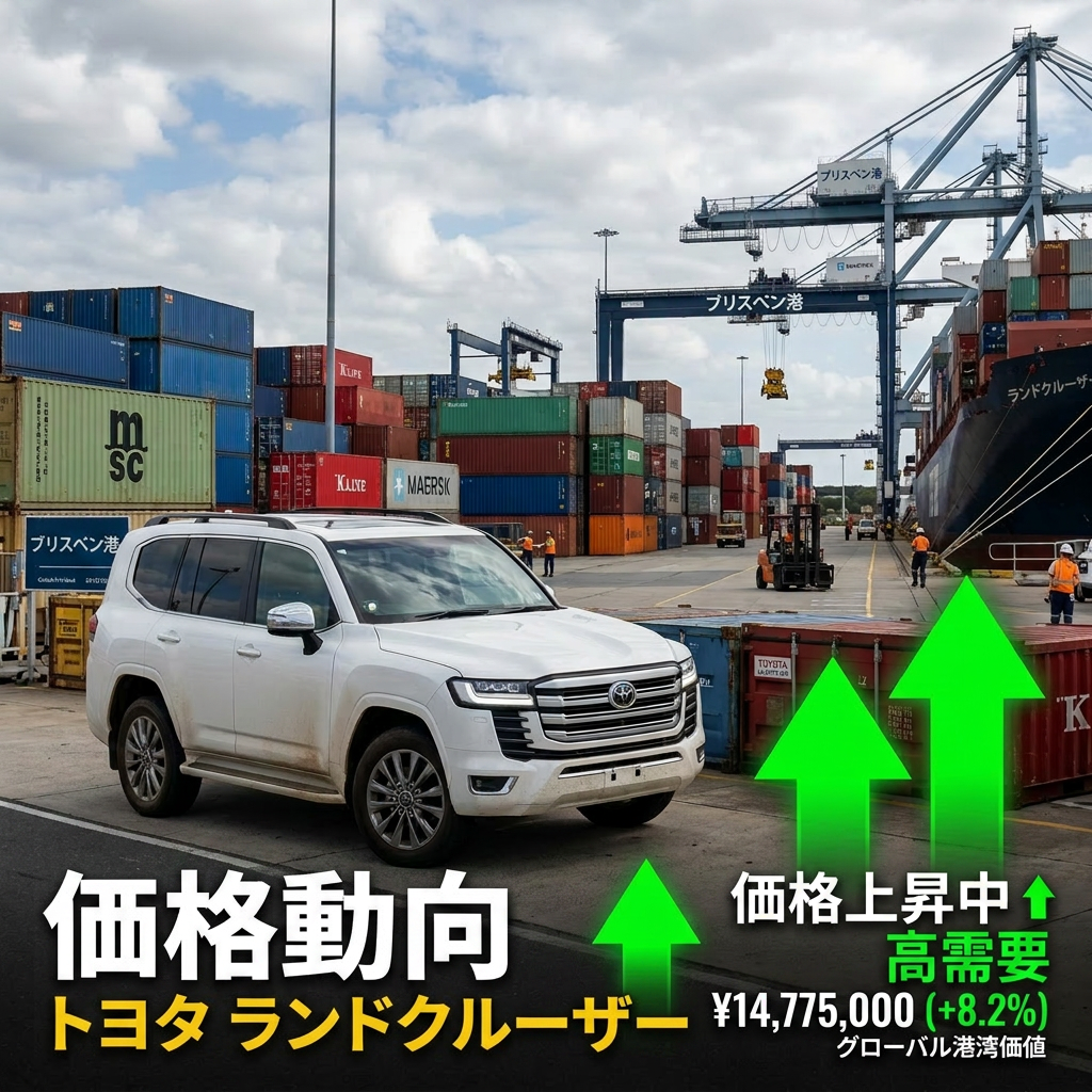 White Toyota Land Cruiser SUV at a busy shipping port with price trend arrows indicating an increase