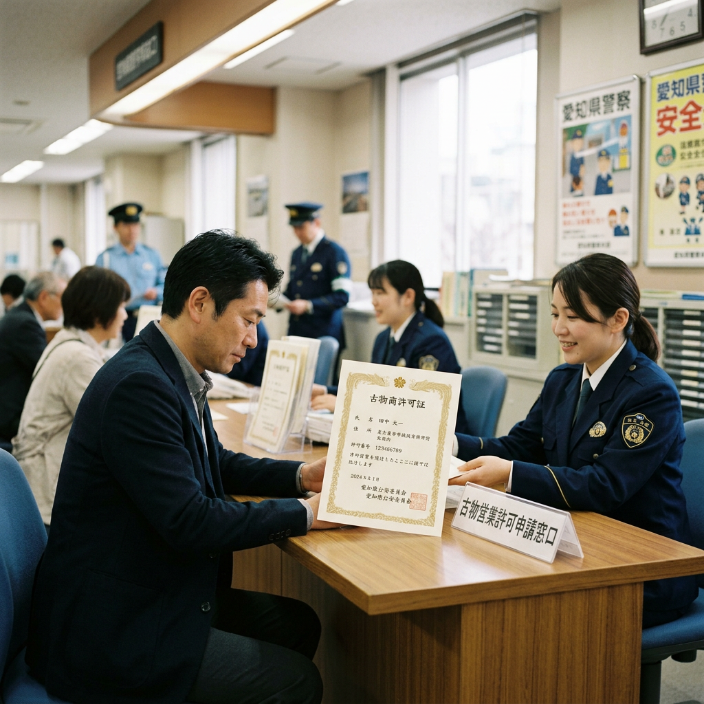 Man receiving official certificate from police officer at a service desk