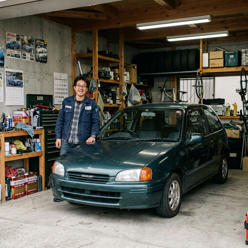 Smiling man in mechanic uniform standing next to a green compact car inside a garage with tools and tires