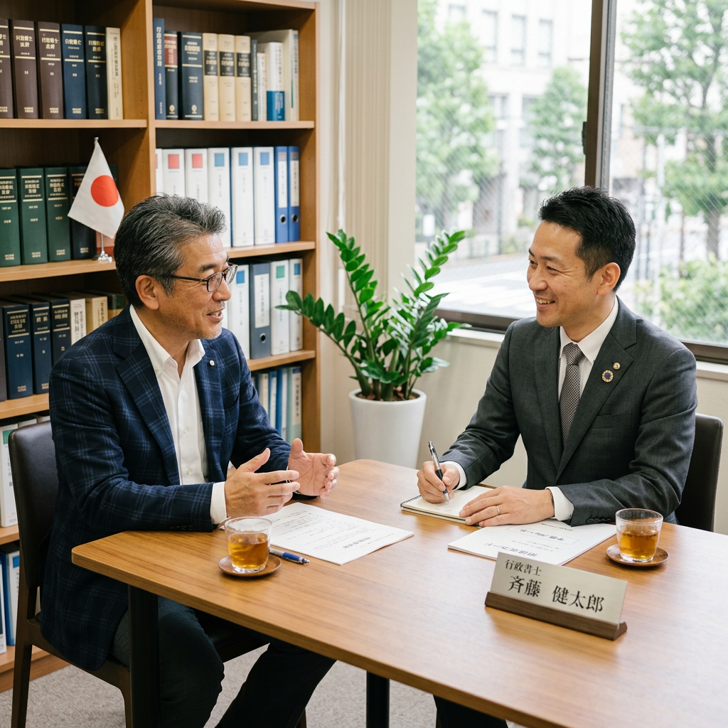 日本人顧客と行政書士のインタビュー風対談風景