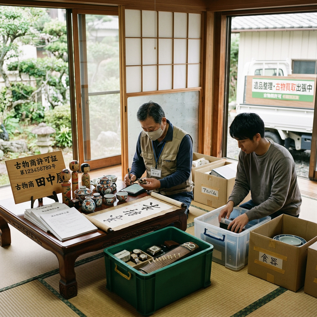 Two men examining and organizing various antiques on a tatami floor with Japanese signage