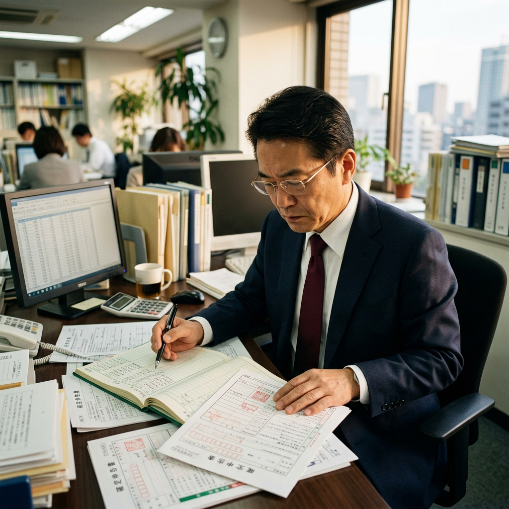 Businessman in suit writing in ledger and examining financial paperwork at office desk