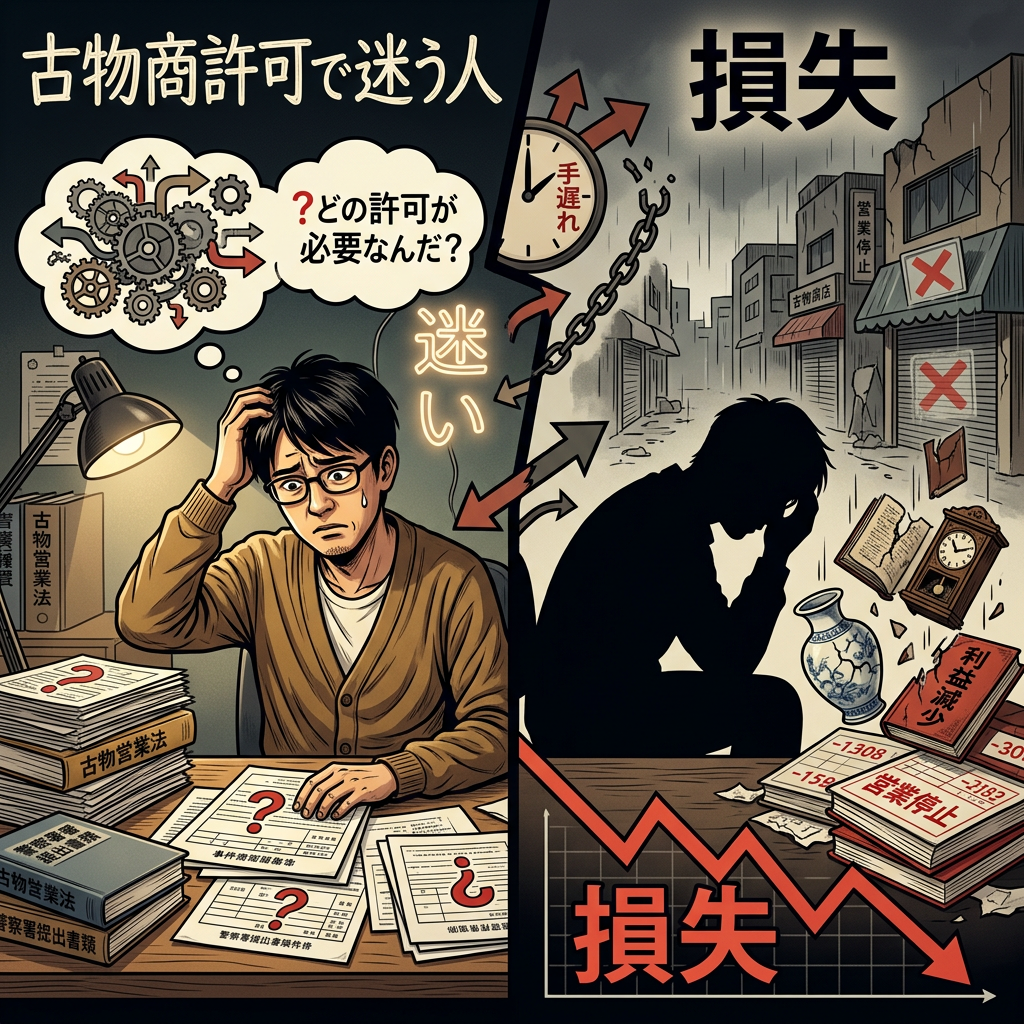 Man confused by antique business permit paperwork; financial losses and closed shops in background