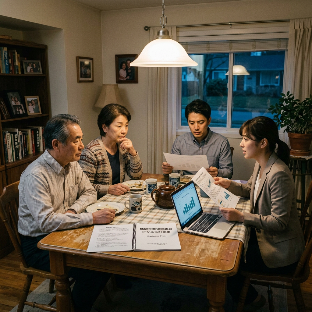 Four people having a business planning discussion at a kitchen table with laptop and documents