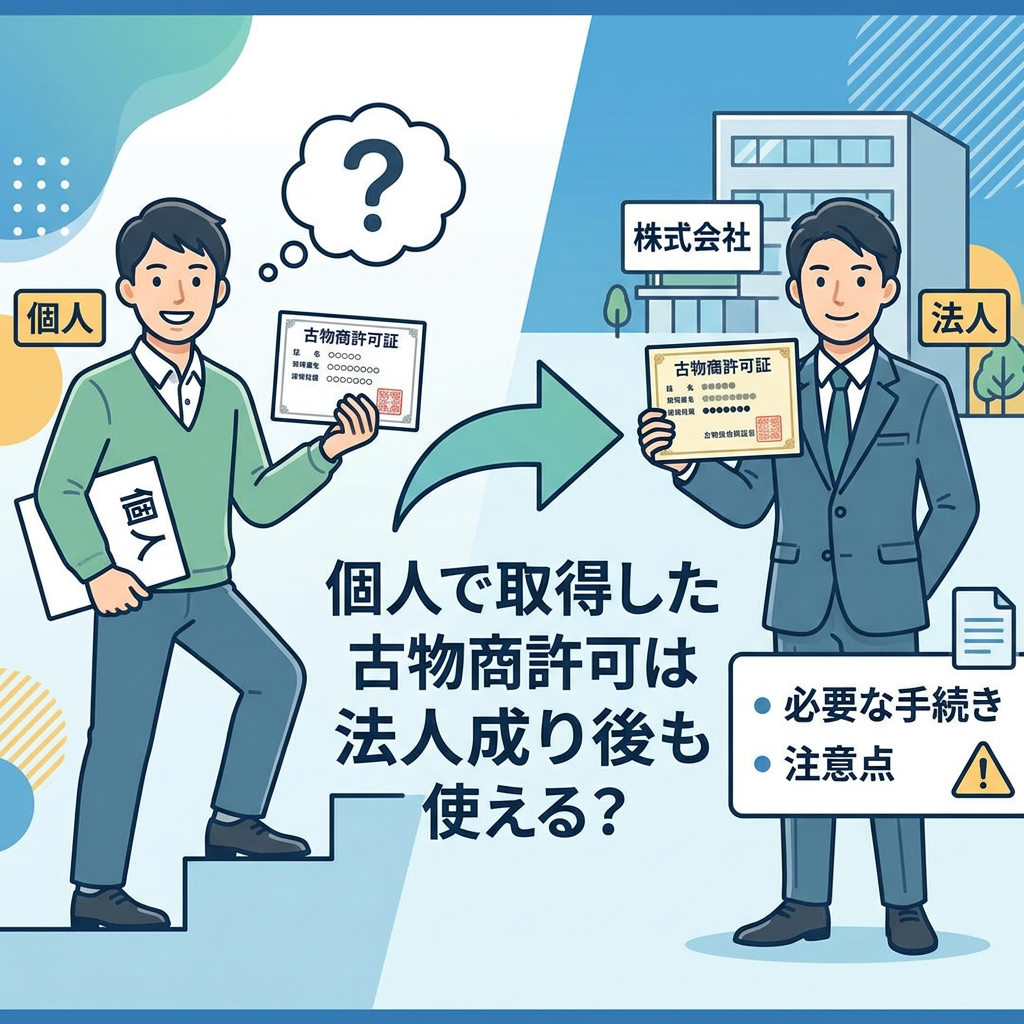Illustration labeled 個人 and 法人 showing a secondhand dealer license transition, with text 株式会社, 個人で取得した古物商許可は法人なり後も使える?, 必要な手続き, and 注意点.